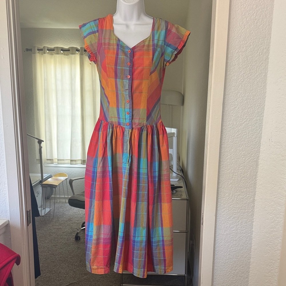 Vintage Plaid Midi Dress - Bright Rainbow Check